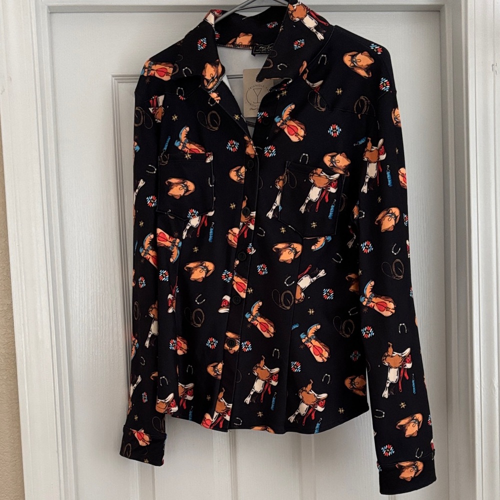 Black Western Print Button-Up Blouse